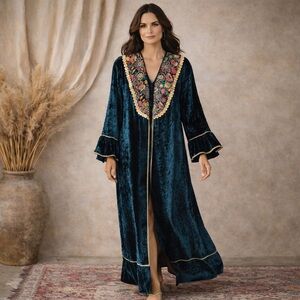 EMERALD GREEN BLUE EMBROIDERED CRUSHED VELVET LONG DUSTER KIMONO BELL SLEEVES L